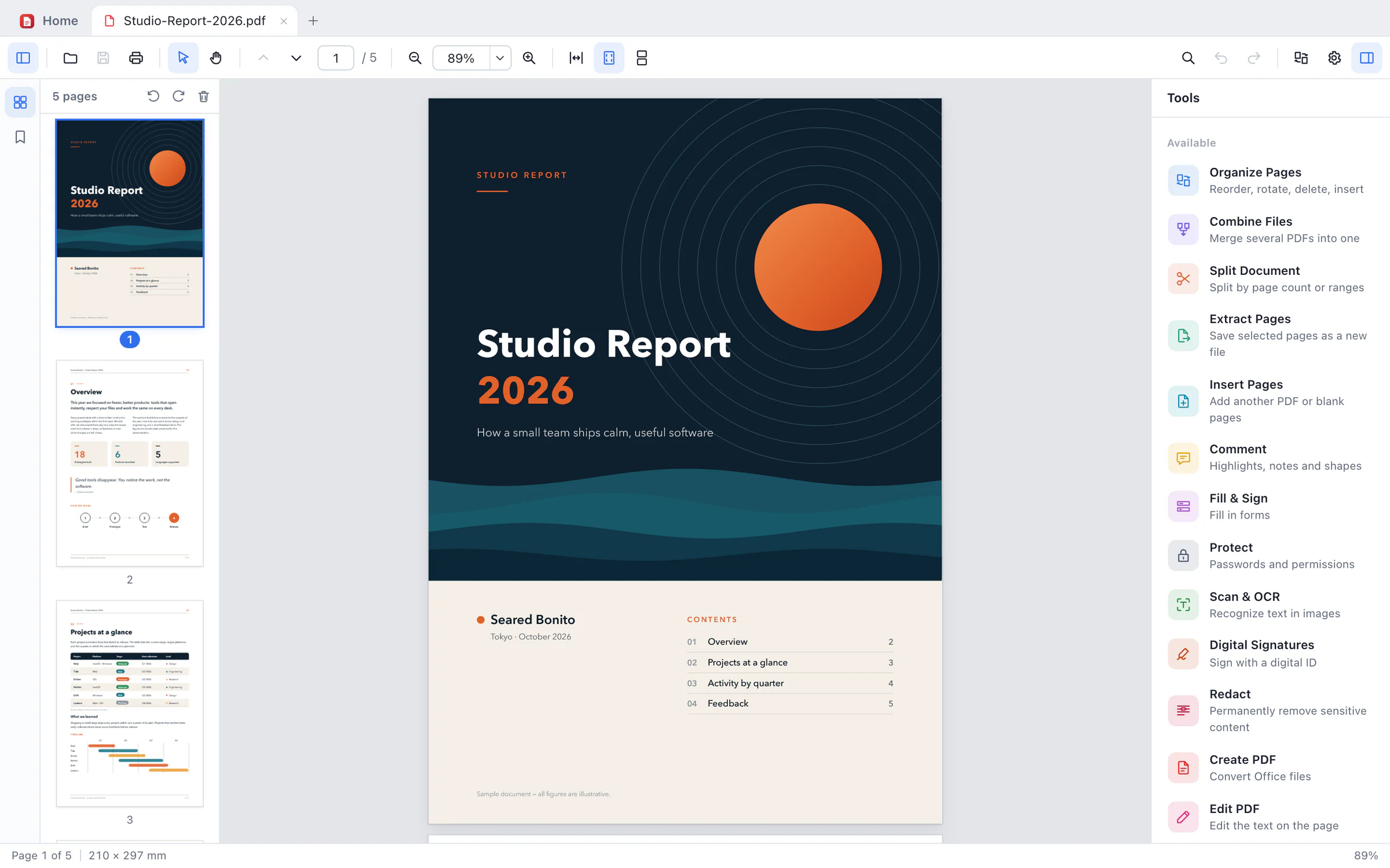 The Bonito PDF window: a five-page sample report, Studio Report 2026, open at its cover, with page thumbnails on the left and the Tools panel on the right listing Organize Pages, Combine Files, Split Document, Extract Pages, Insert Pages, Comment, Fill & Sign, Protect, Scan & OCR, Digital Signatures, Redact, Create PDF and Edit PDF.