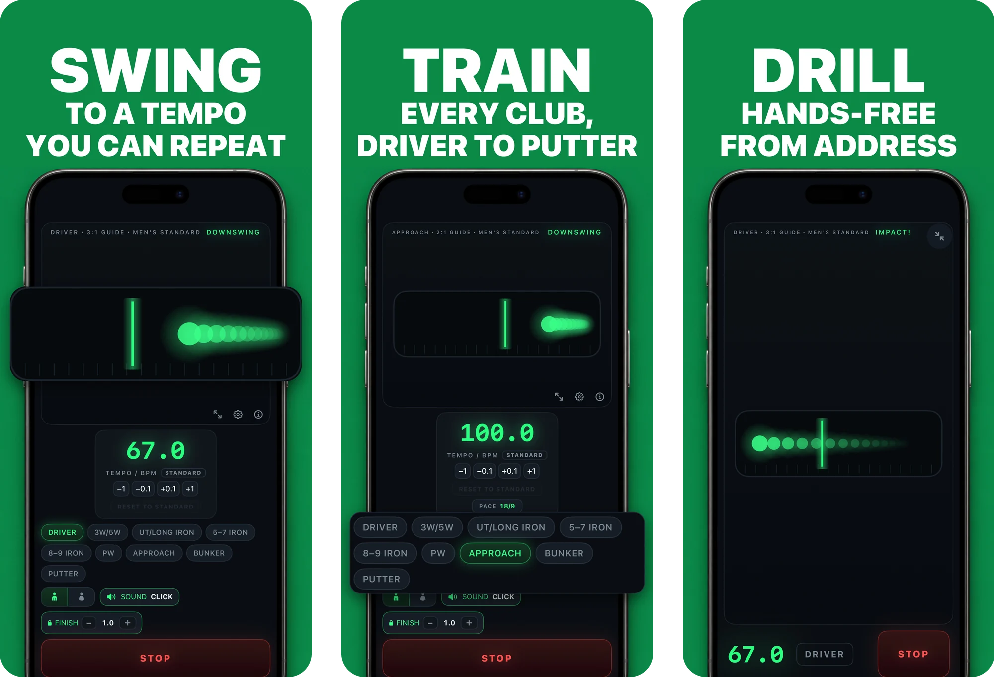 Three App Store screenshots of Golf Rhythm Coach: swing to a tempo you can repeat, a tempo for every club from driver to putter, and hands-free practice from address.