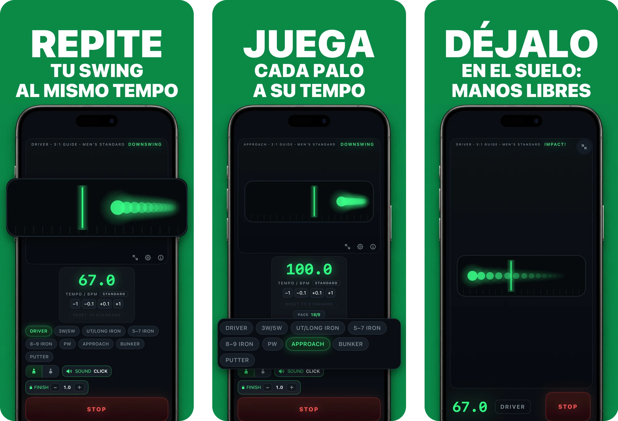 Tres capturas de Golf Rhythm Coach en el App Store: tu swing al mismo tempo, cada palo a su tempo y práctica sin manos desde el address.