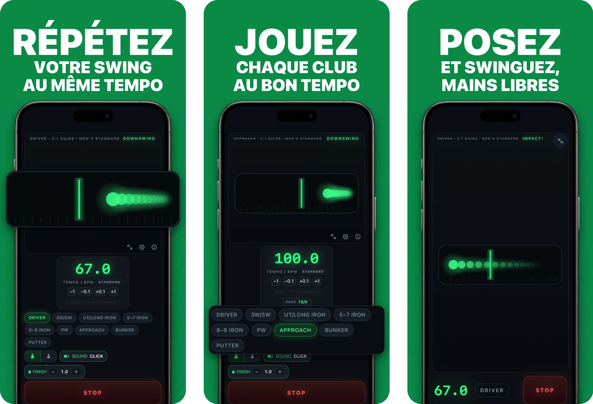 Trois captures de Golf Rhythm Coach sur l’App Store : votre swing au même tempo, chaque club au bon tempo et entraînement mains libres depuis l’adresse.