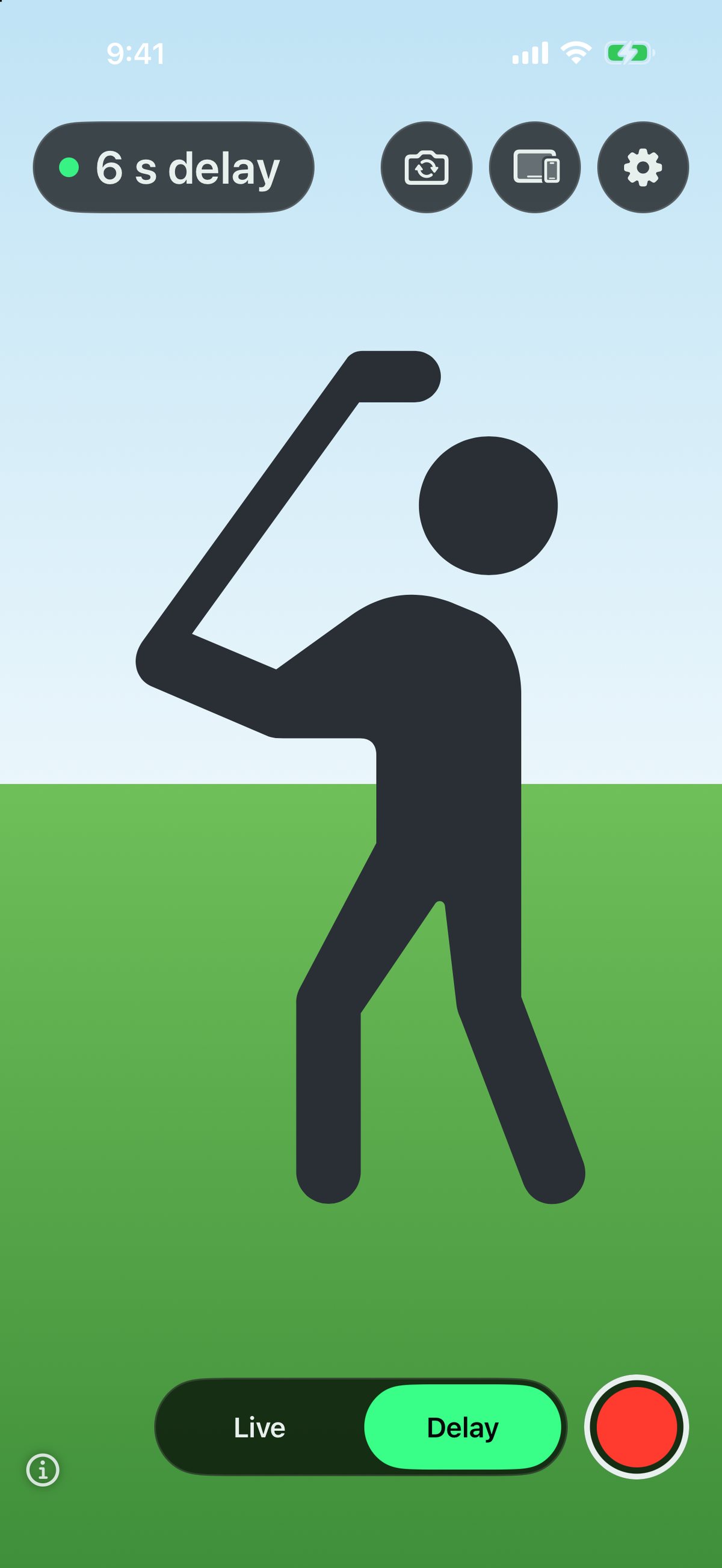 Golf Swing Partner on iPhone during delayed playback: a “6 s delay” label at the top left, and a Live / Delay switch and a record button at the bottom, over an illustrated golfer.