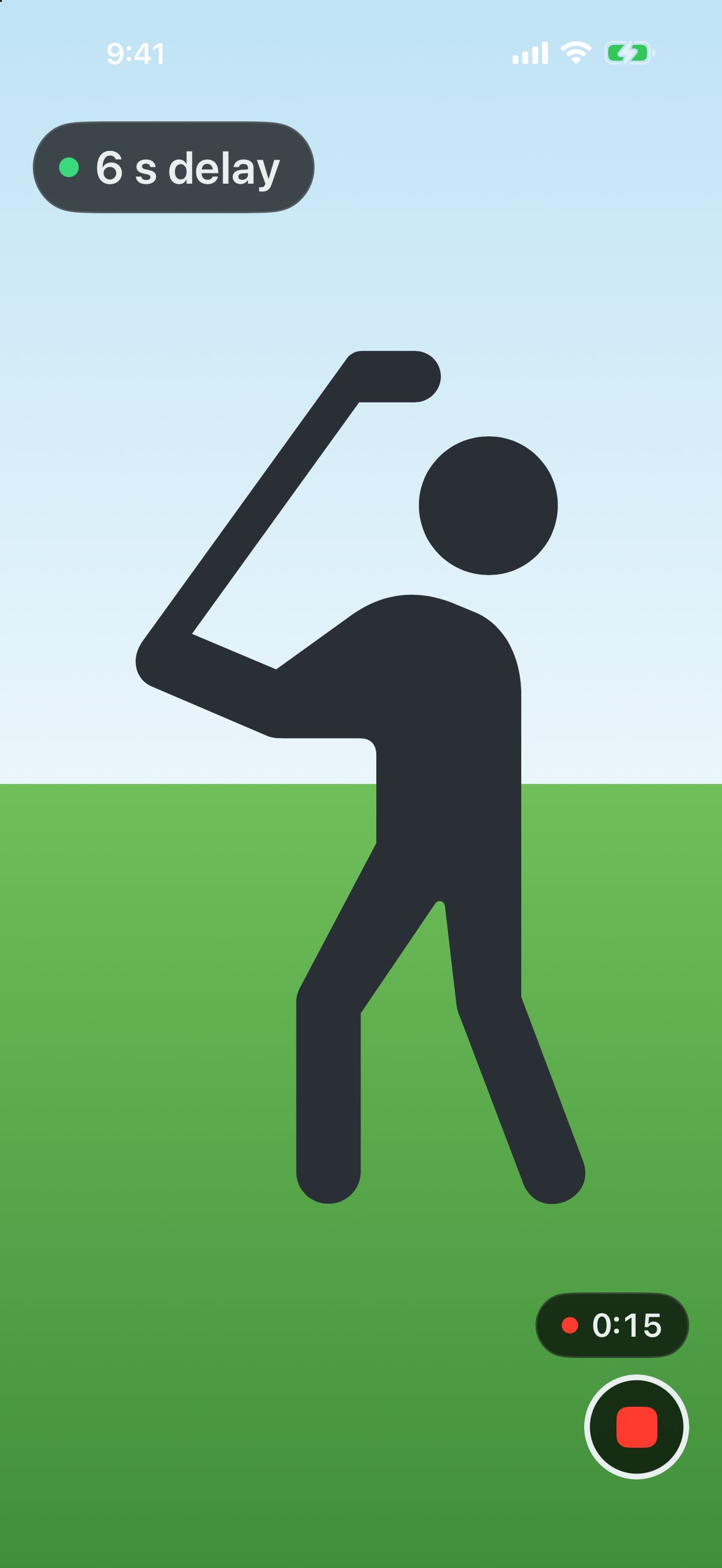 Recording on iPhone: the record button has turned into a stop button, with the elapsed time 0:15 above it.