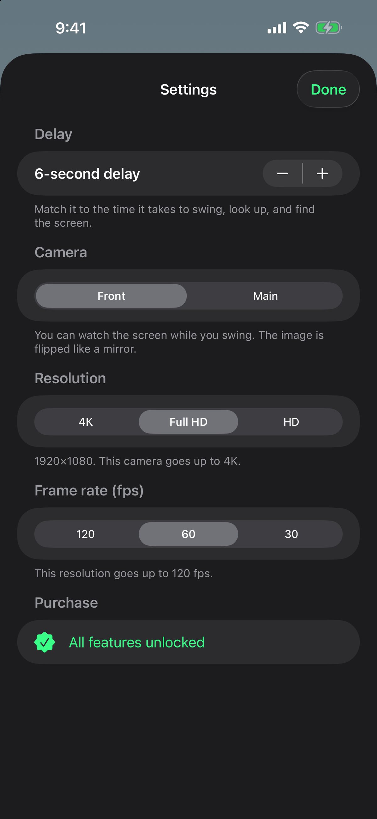 The Settings screen on iPhone: the delay, the choice of front or main camera, resolution from HD to 4K, and the frame rate.
