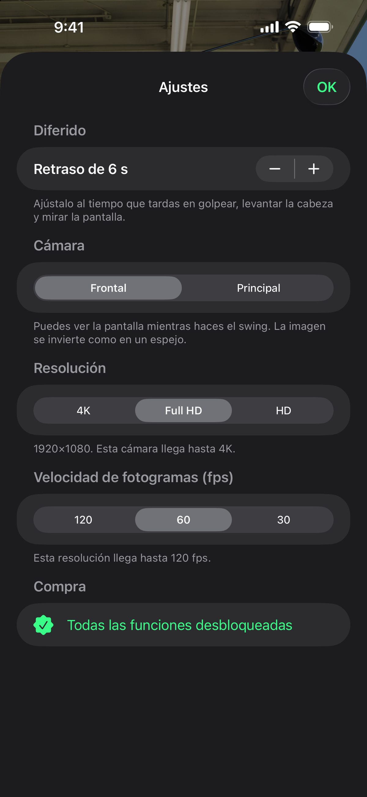 La pantalla de Ajustes en iPhone: el diferido, la cámara frontal o principal, la resolución de HD a 4K y la frecuencia de imagen.