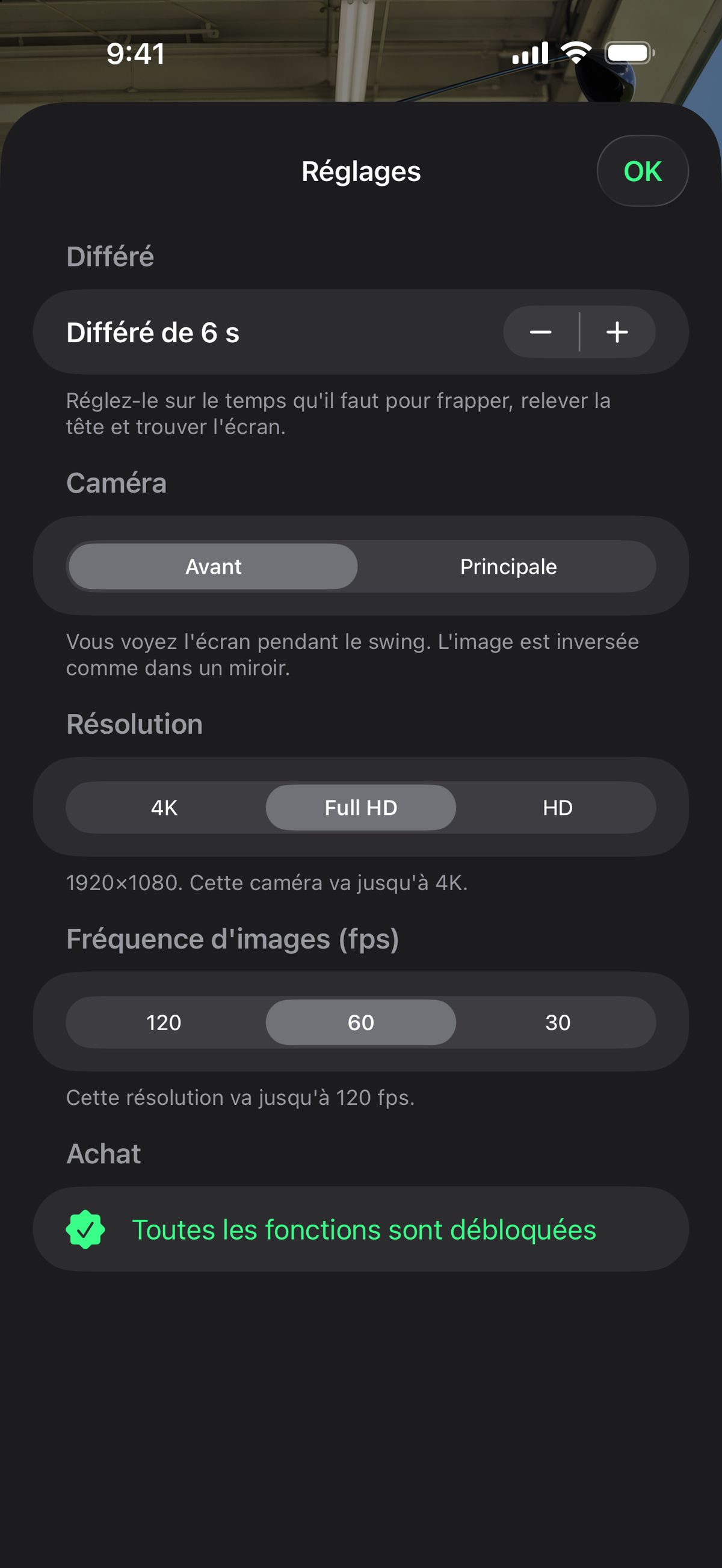 L’écran Réglages sur iPhone : le différé, le choix de la caméra avant ou principale, la résolution de HD à 4K et la fréquence d’images.